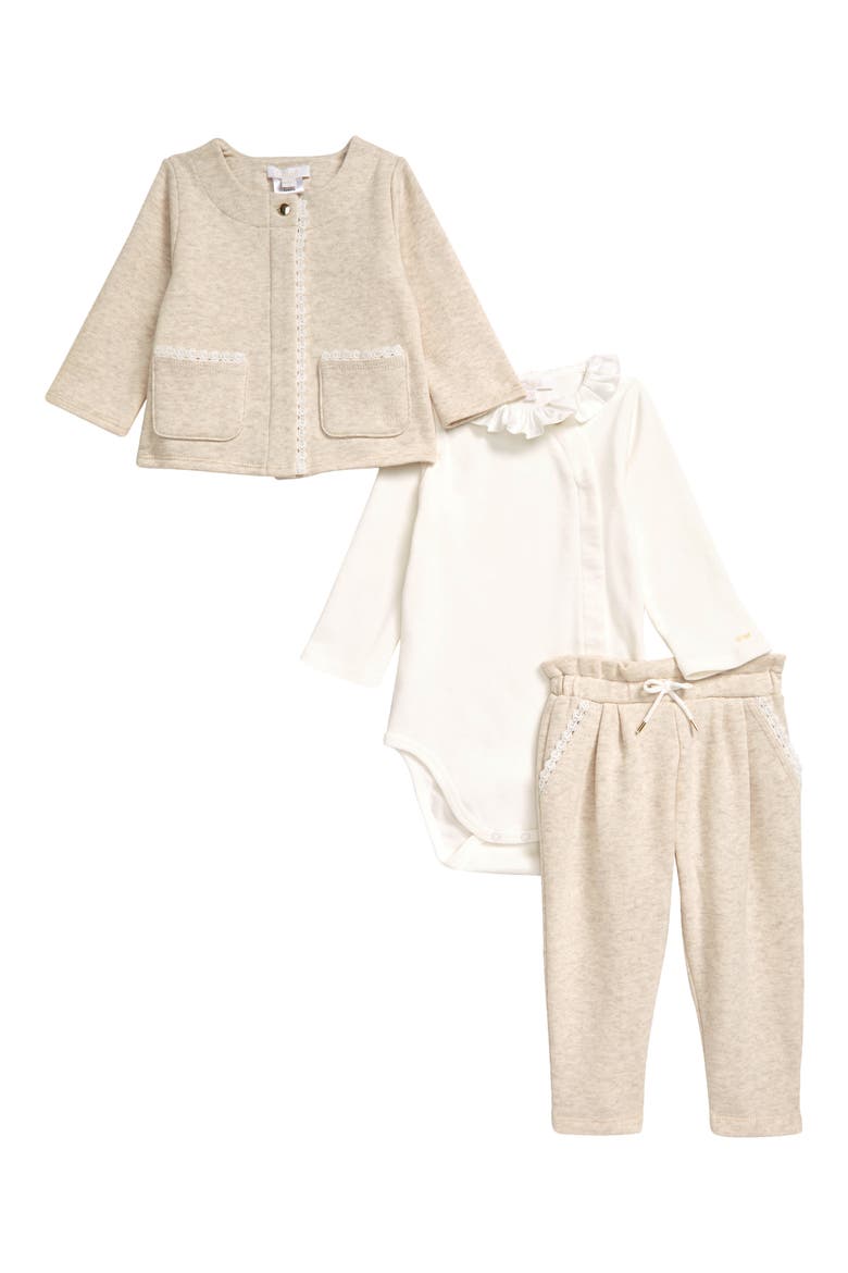 Cotton Cardigan, Bodysuit & Pants Set, Main, color, C08 BEIGE LIGHT MARL