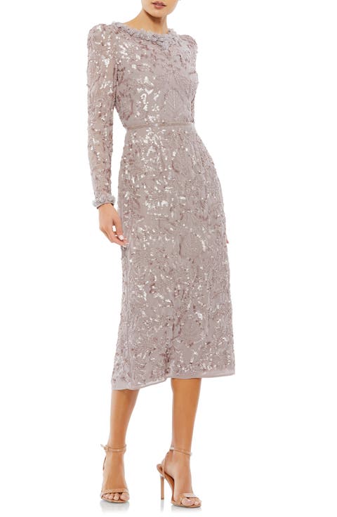 Embellished High Neck Puff Sleeve Fitted Dress