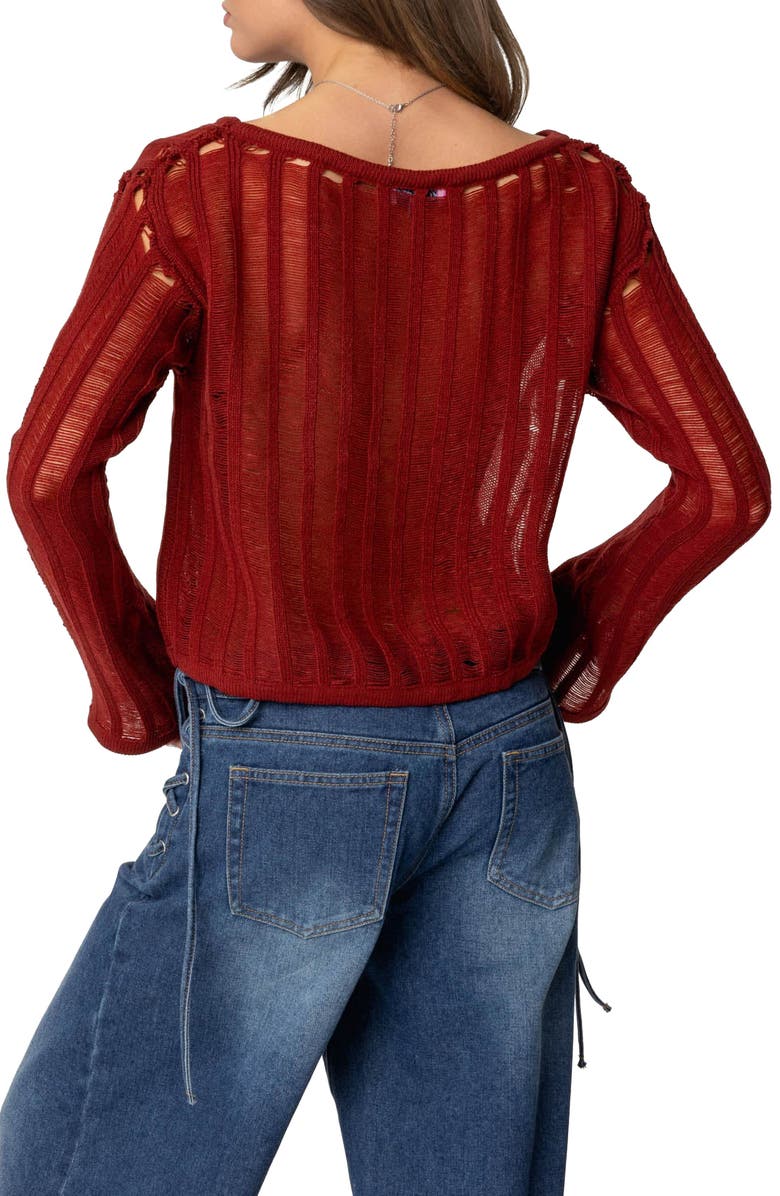 EDIKTED Sagir Sheer Ladder Stitch Crop Top, Alternate, color, Burgundy