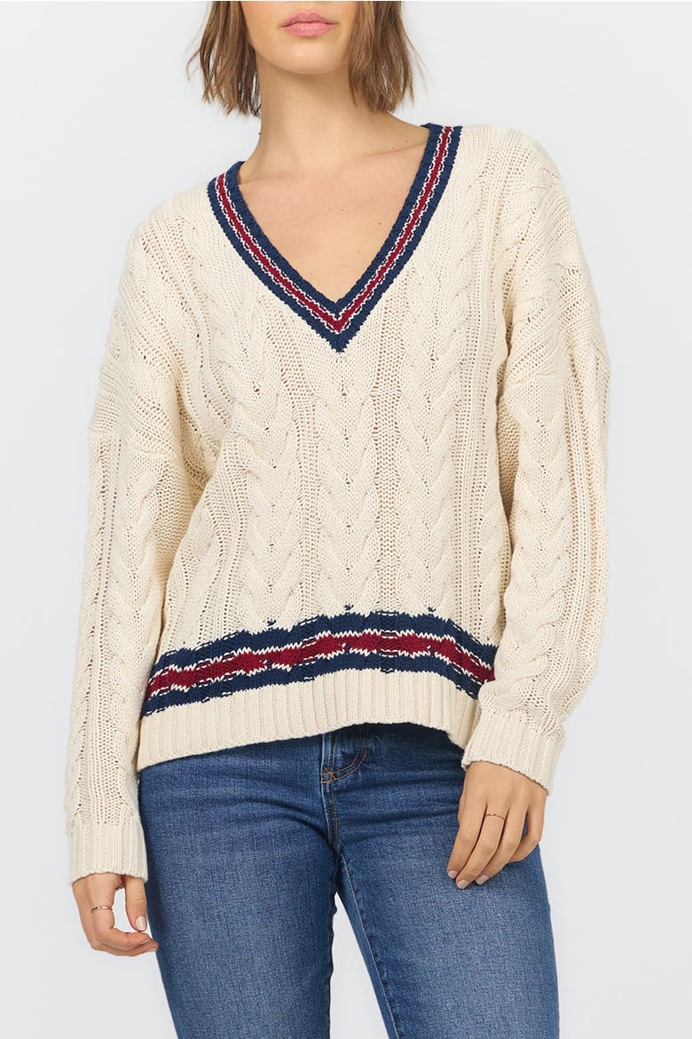 Kairi Long Sleeve V-Neck Cable Knit Sweater, Main, color, Academy Stripes