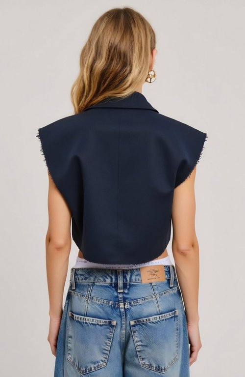 Modenaire Sleeveless Cropped Tailored Collar Raw Edge Hem Blazer Vest In Blue