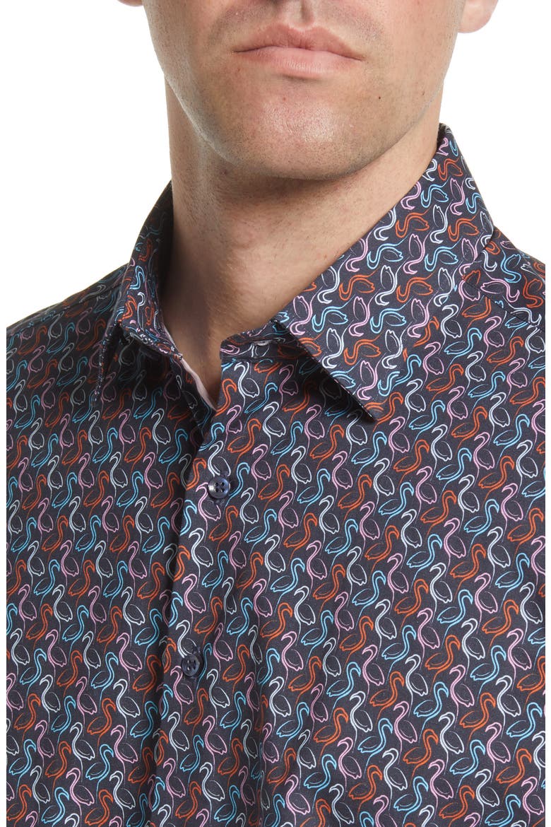 Floral Short Sleeve Stretch Button-Up Shirt, Alternate, color, NAVY