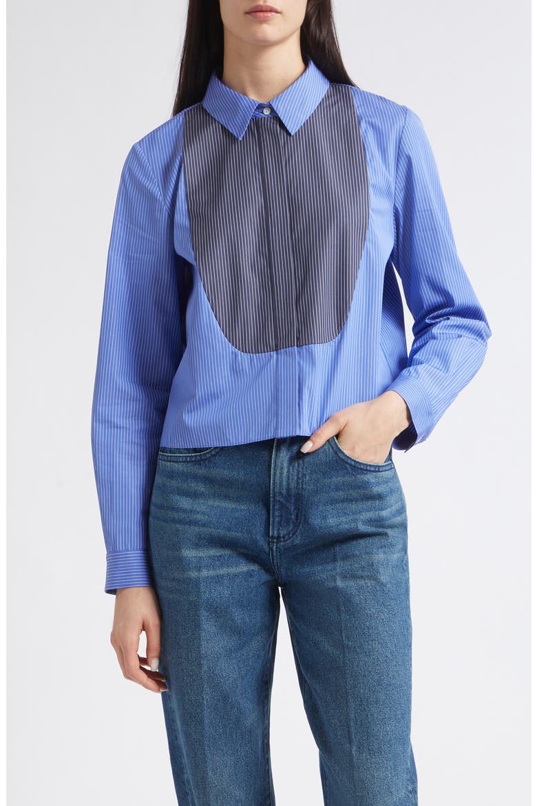 Warren Crop Stripe Bib Cotton Poplin Button-Up Shirt, Main, color, CORNFLOWER STRIPE