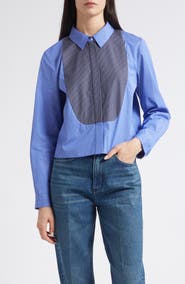 PARTOW Warren Crop Stripe Bib Cotton Poplin Button-Up Shirt