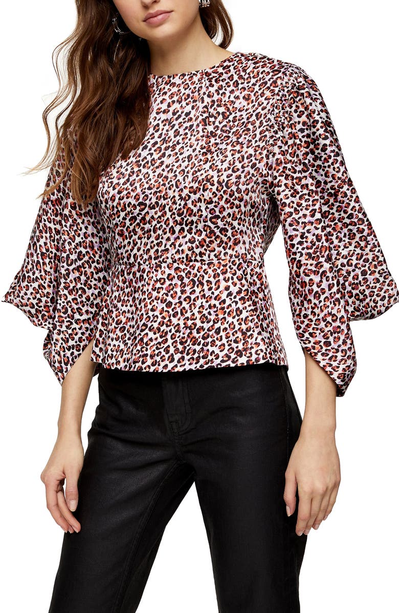 Topshop Leopard Print Blouson Sleeve Top, Main, color, 