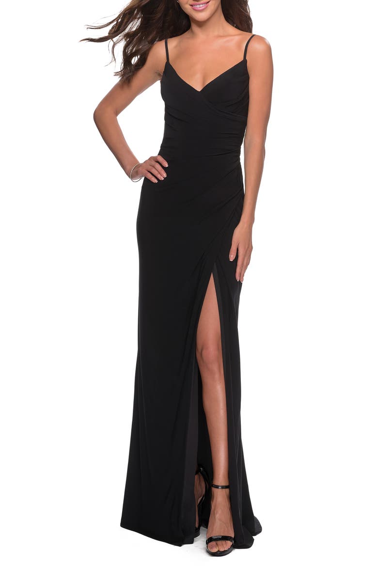 Long Jersey Dress with V-neck and Open Back, Main, color, BLACK