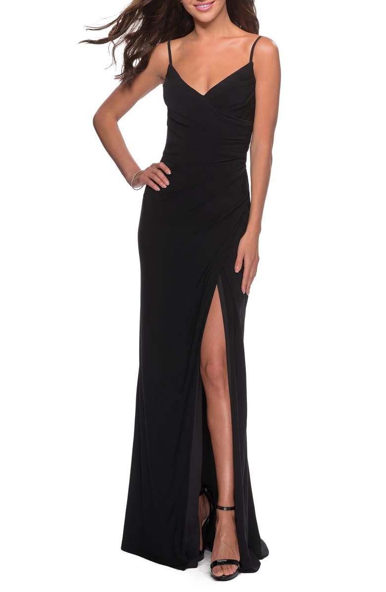 La Femme Ruched Jersey Trumpet Gown, Main, color, 