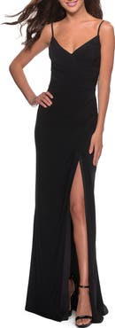 La Femme Long Jersey Dress with V-neck and Open Back