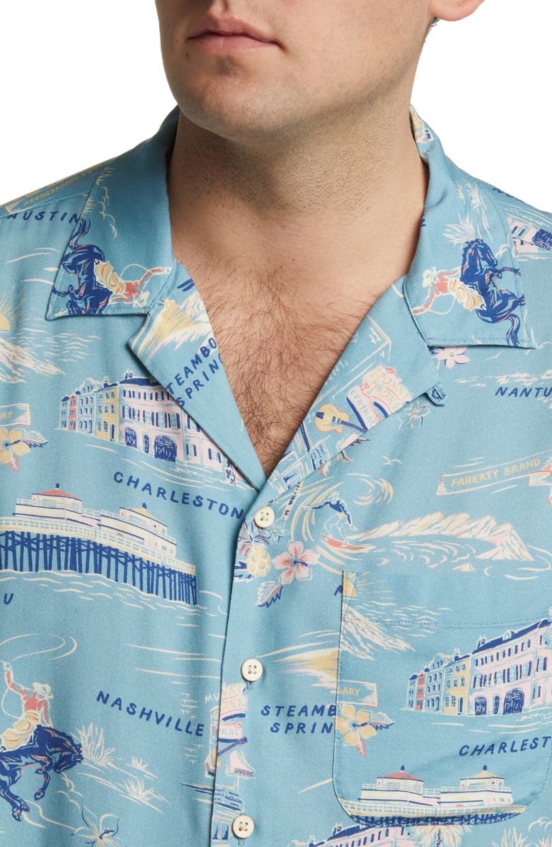 Faherty Kona Print Short Sleeve Terry Button-Up Shirt, Alternate, color, Faherty Tour Print