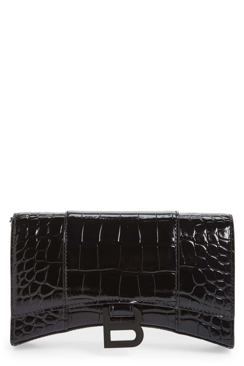 Hourglass Croc Embossed Leather Wallet on a Chain, Main, color, BLACK