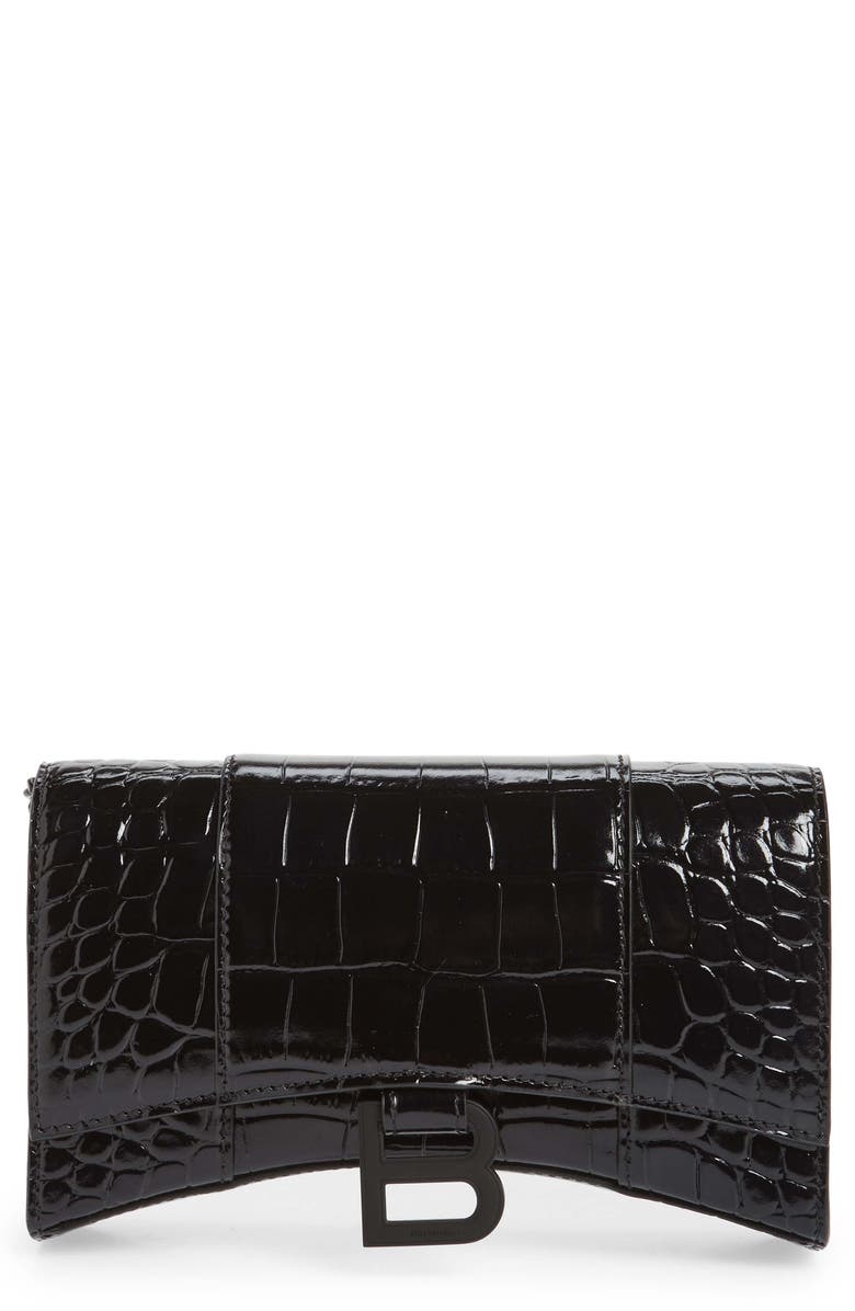Balenciaga Hourglass Croc Embossed Leather Wallet on a Chain, Main, color,