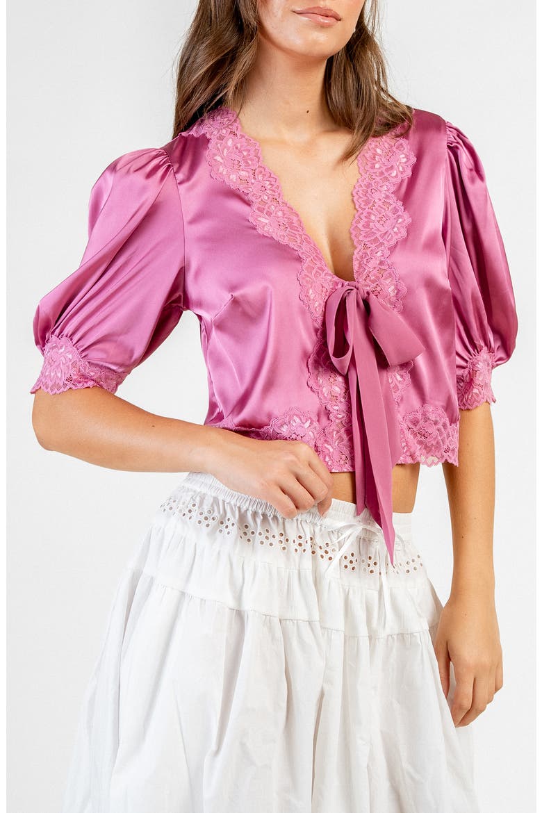 Lace Trim Satin Tie Front Top, Alternate, color, MAUVE
