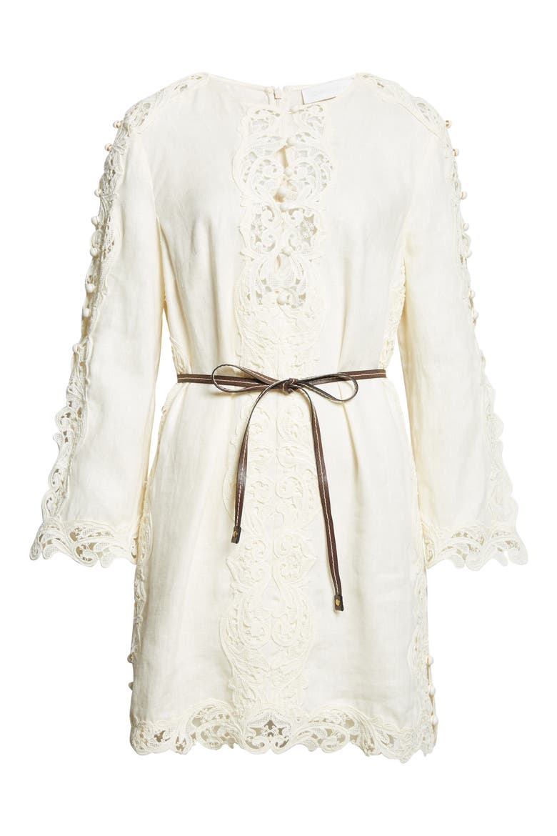 Awaken Long Sleeve Lace Trim Linen Minidress, Alternate, color, CREAM