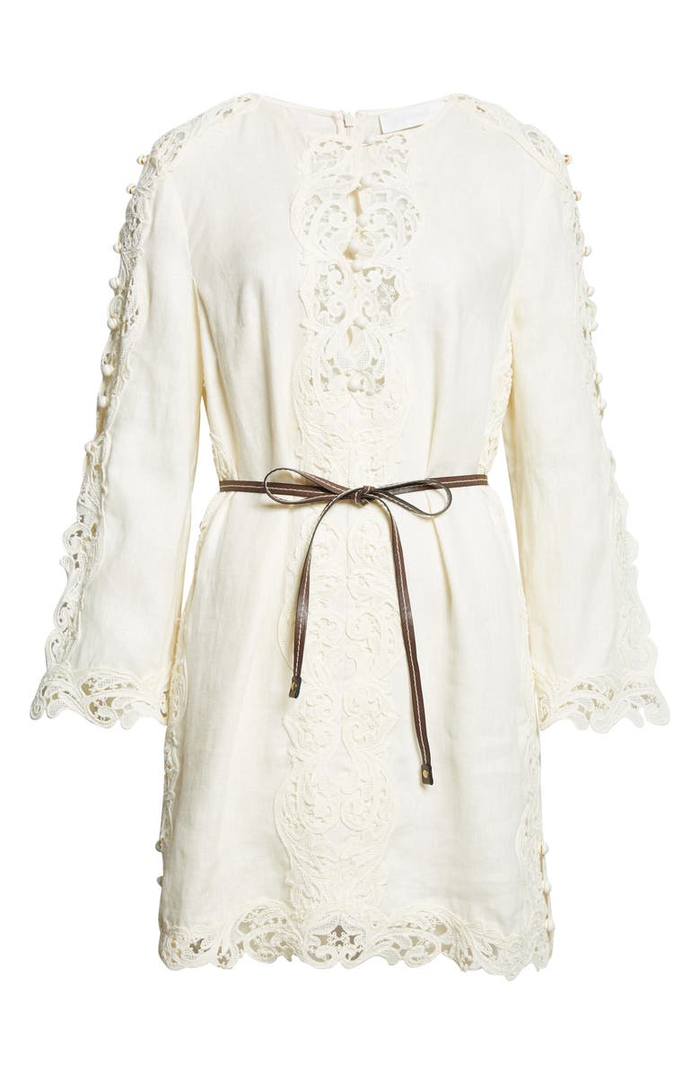 Zimmermann Awaken Long Sleeve Lace Trim Linen Minidress, Alternate, color, Cream