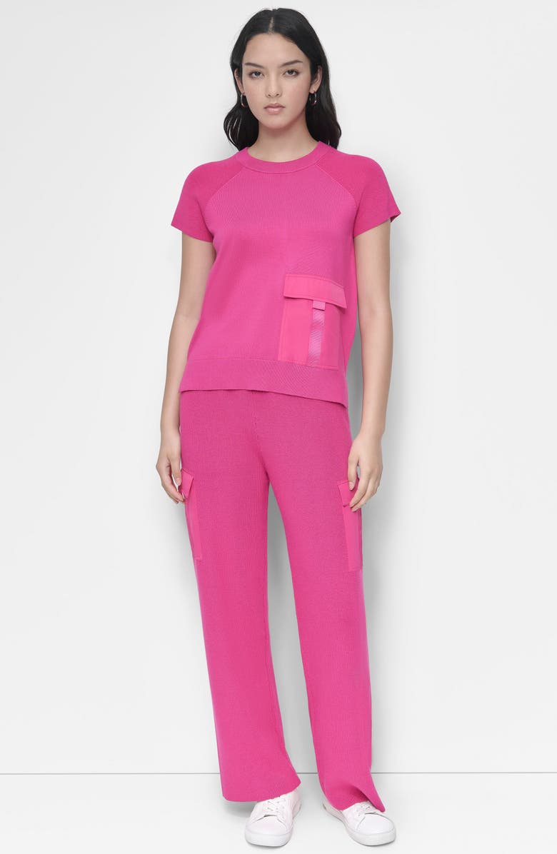 DKNY Satin Pocket Short Sleeve Sweater, Alternate, color, Wild Berry