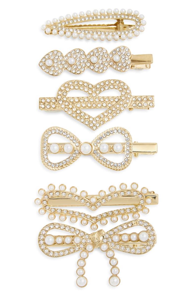 Capelli New York Kids' 6-Pack of Crystal & Faux Pearl Hair Clips, Main, color, Gold Combo