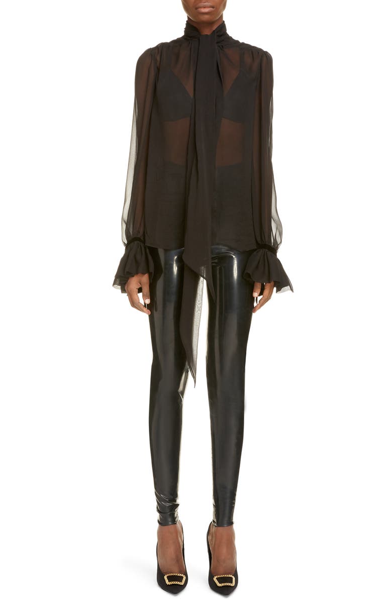 Saint Laurent Tie Neck Flare Cuff Sheer Silk Blouse, Main, color, 