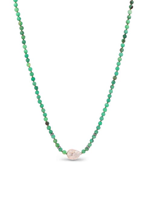 Chrysoprase Bead Necklace with Baroque Pearl and Diamond Rondelles
