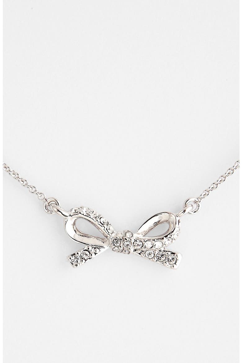 'skinny mini' pavé bow pendant necklace, Main, color, SILVER/ CLEAR