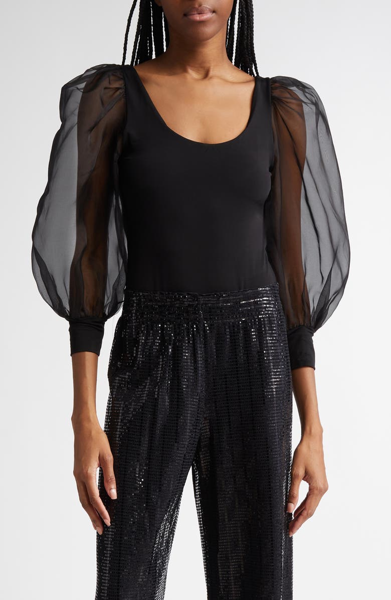 Alice + Olivia Jillianne Sheer Sleeve Bodysuit, Main, color, 