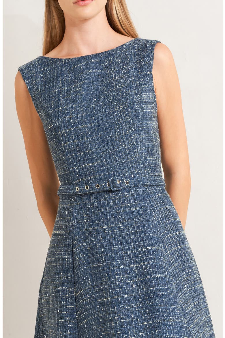 Sequin Belted Tweed Midi Dress, Alternate, color, LIGHT NAVY