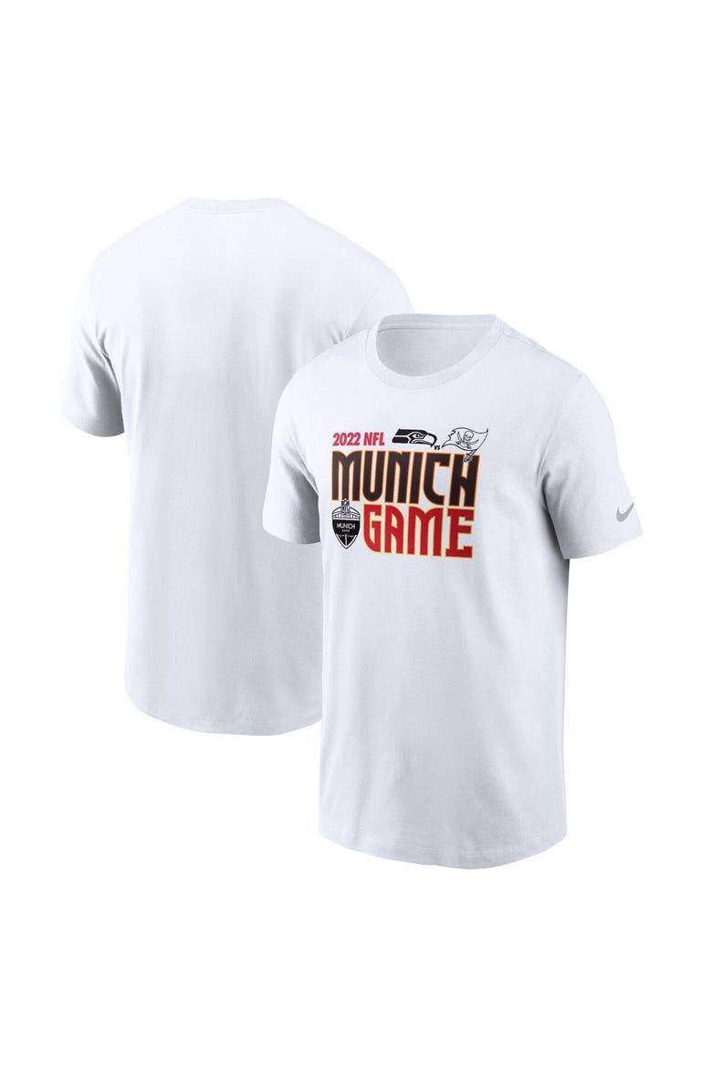 Men's Nike White Seattle Seahawks vs. Tampa Bay Buccaneers Essential Munich Game T-Shirt, Main, color, White
