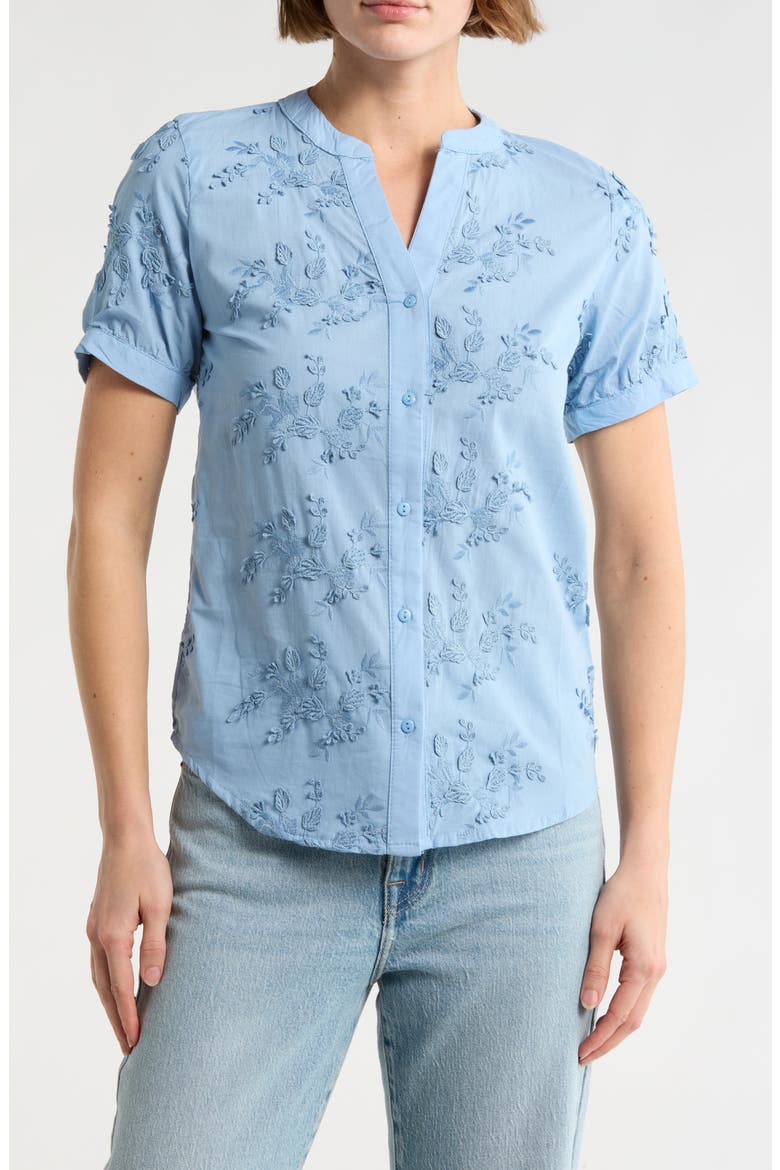 Floral Embroidered Short Sleeve Button-Up Top, Main, color, DENIM BLUE