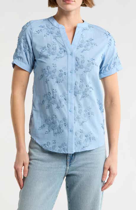 Forgotten Grace Floral Embroidered Short Sleeve Button-Up Top