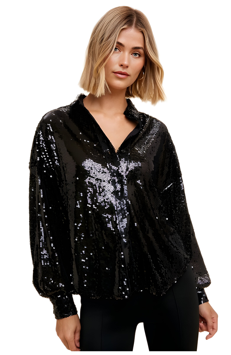 Knit and Lounge Long Sleeve Button-Down Sequin Shirt Collar Blouse, Main, color, 