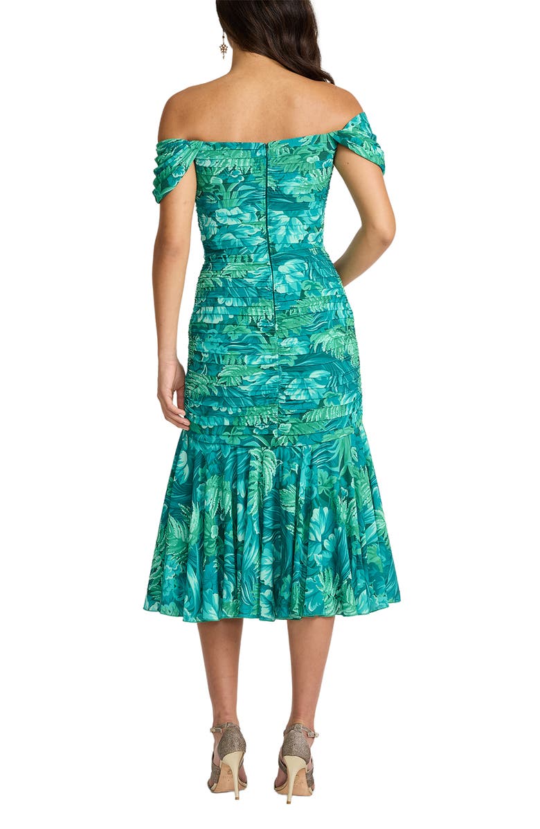Tadashi Shoji Floral Off the Shoulder Cocktail Midi Dress, Alternate, color, Emerald Green/ Multi