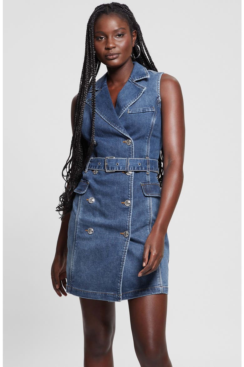 Anela Belted Denim Trench Minidress, Alternate, color, ALLAGASH BLU