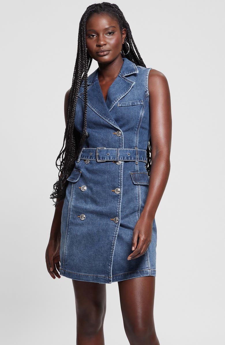 GUESS Anela Belted Denim Trench Minidress, Alternate, color, 
