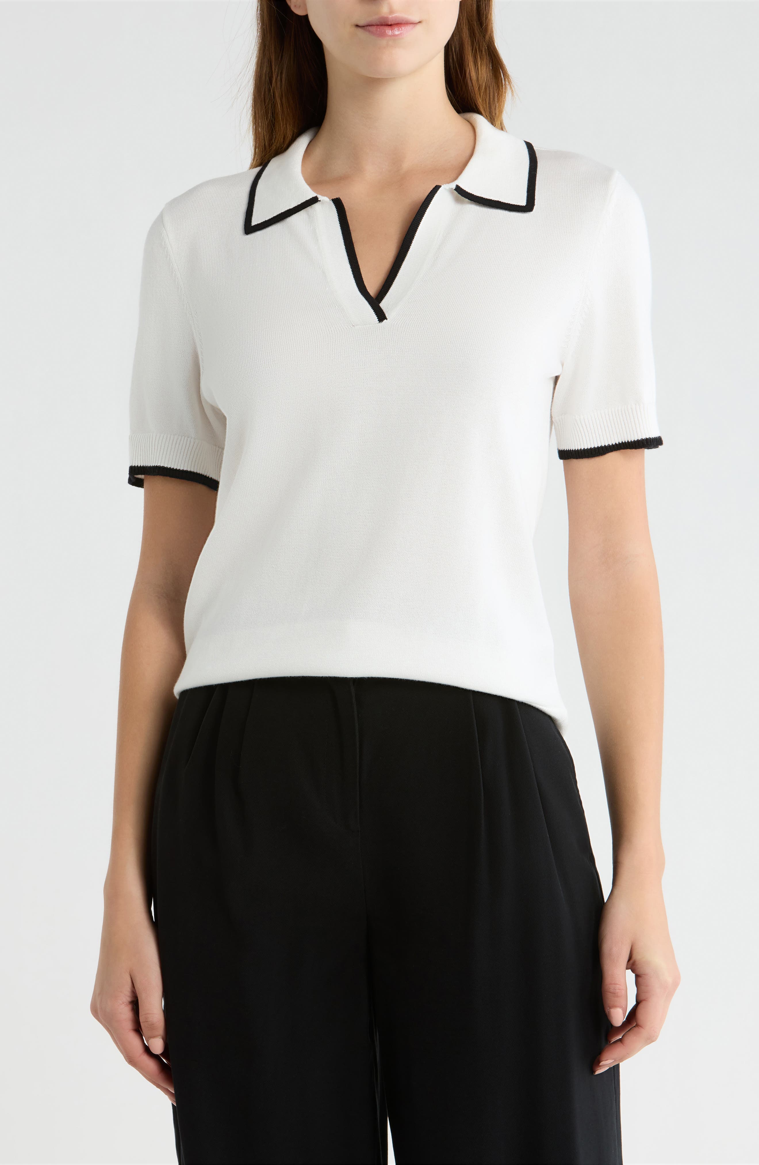 Tipped Johnny Collar Short Sleeve Sweater