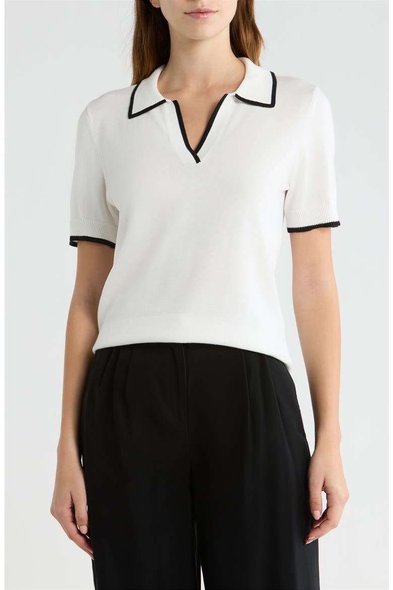 Tipped Johnny Collar Short Sleeve Sweater, Main, color, NEW IVORY