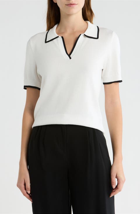 Tipped Johnny Collar Short Sleeve Sweater