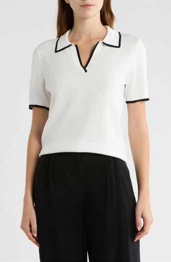 Tipped Johnny Collar Short Sleeve Sweater