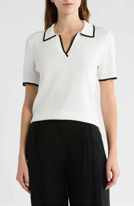 Tipped Johnny Collar Short Sleeve Sweater