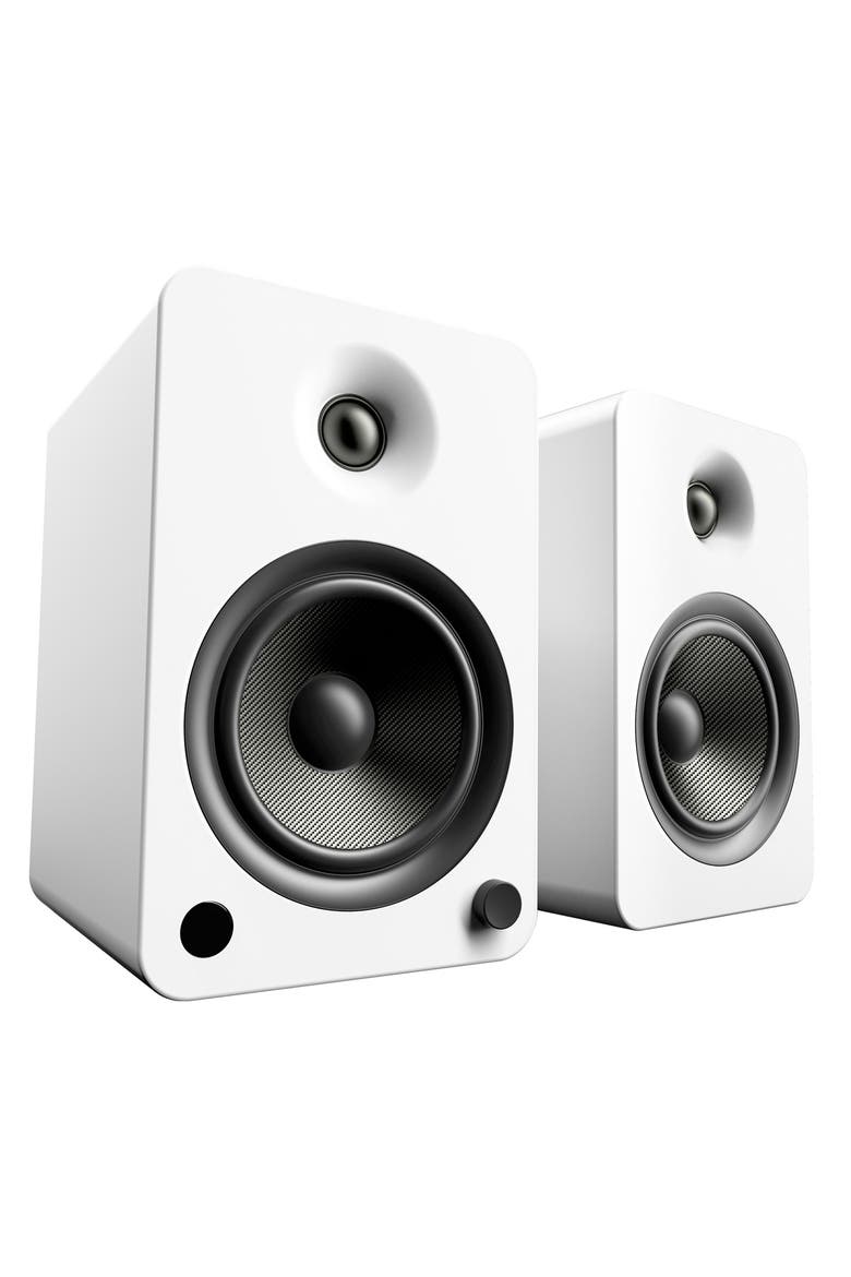 YU6 Powered Bookshelf Speakers with SE6 Elevated Desktop Speaker Stands, Alternate, color, Matte White
