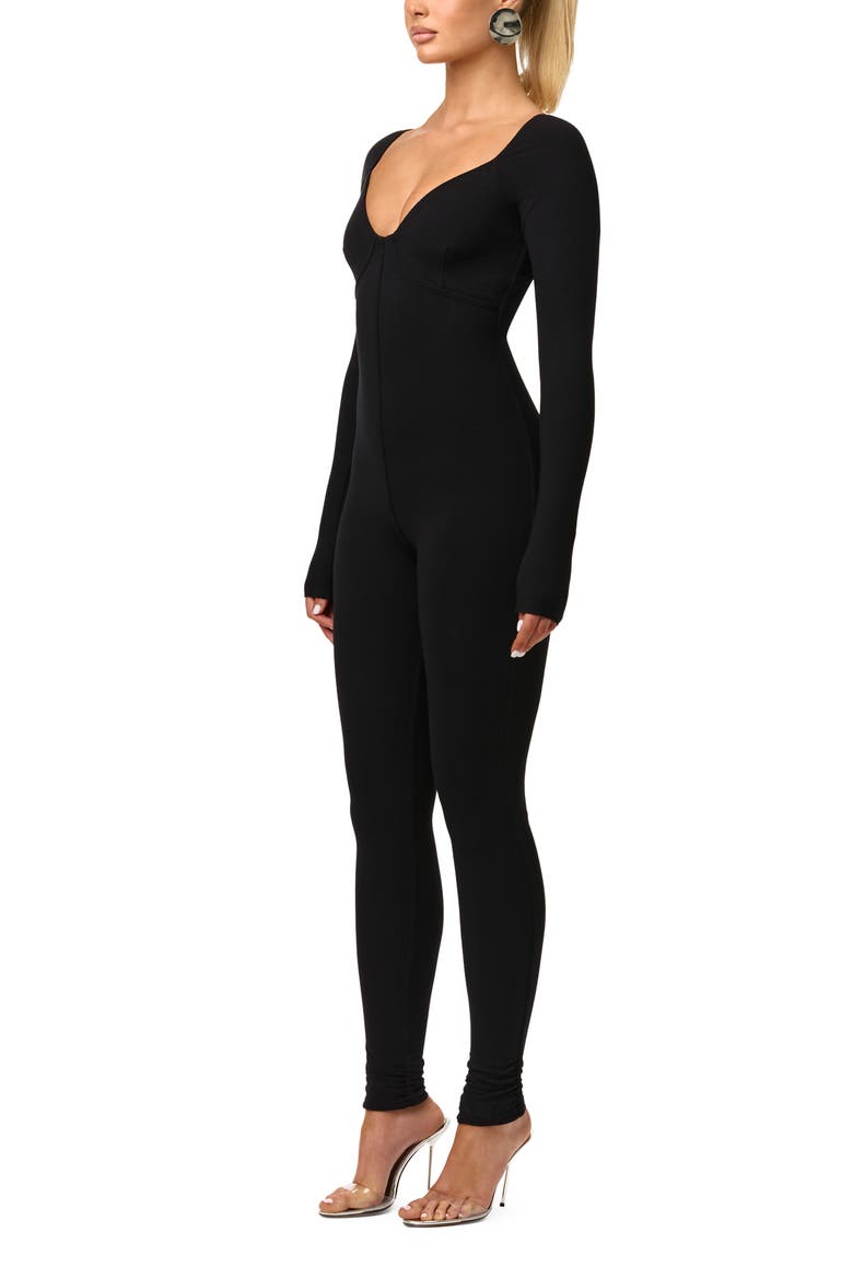 Faux Bustier Ribbed Long Sleeve Jumpsuit, Alternate, color, BLACK