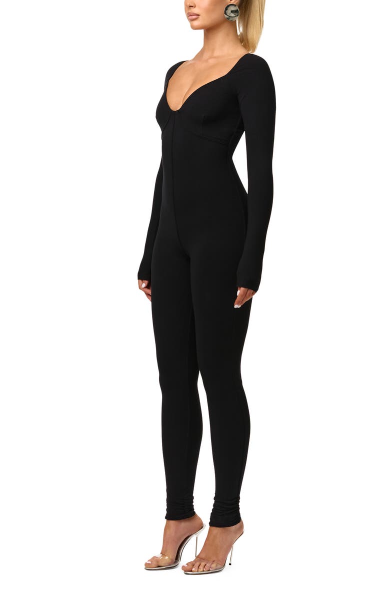 Naked Wardrobe Faux Bustier Ribbed Long Sleeve Jumpsuit, Alternate, color, Black