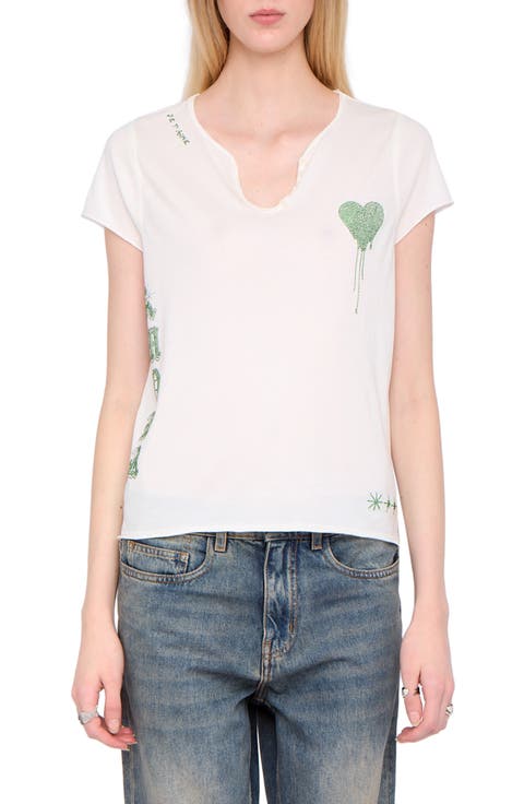 Tunisien Strass Heart Embellished Keyhole Cotton Graphic T-Shirt