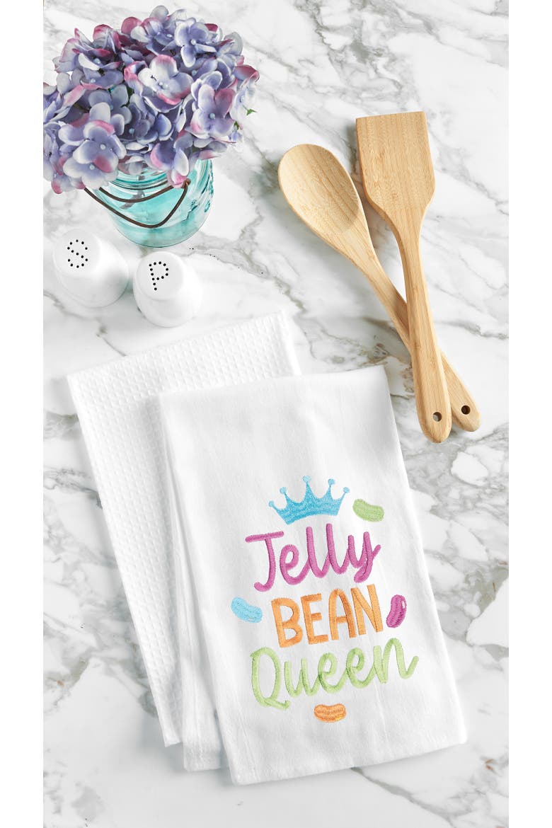 "Jelly Bean Queen" Easter Spring Funny Cute Pun Embroidered Cotton Flour Sack Kitchen Dishtowel, Alternate, color, White