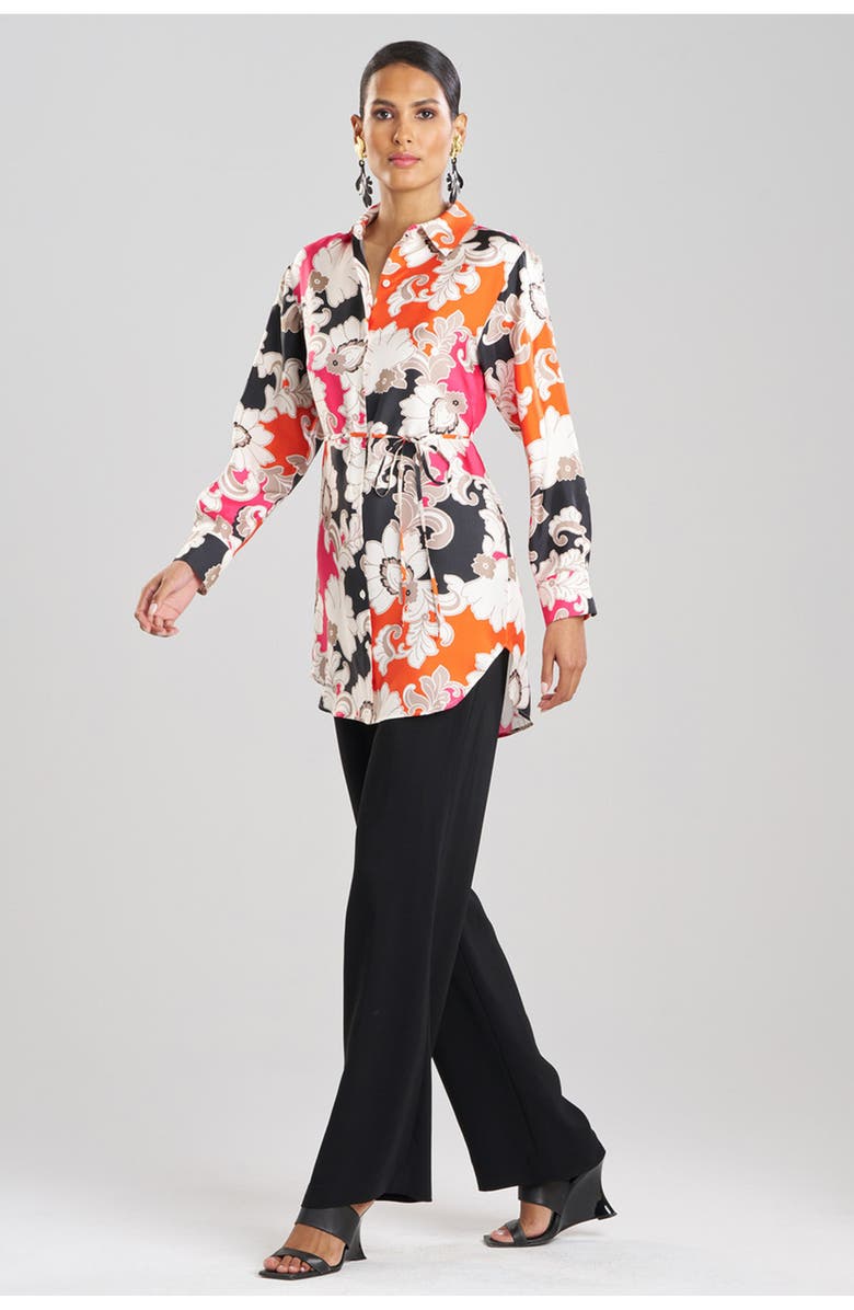 Natori Cressida - Printed Silk Twill Button Up Tunic Shirt, Main, color, Multi