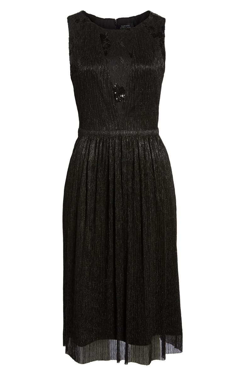 Tahari Metallic Pleated Midi Dress, Alternate, color,