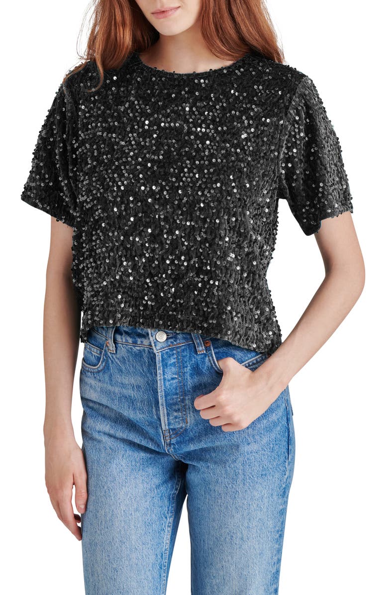 Steve Madden Cressa Sequin T-Shirt, Main, color, Black