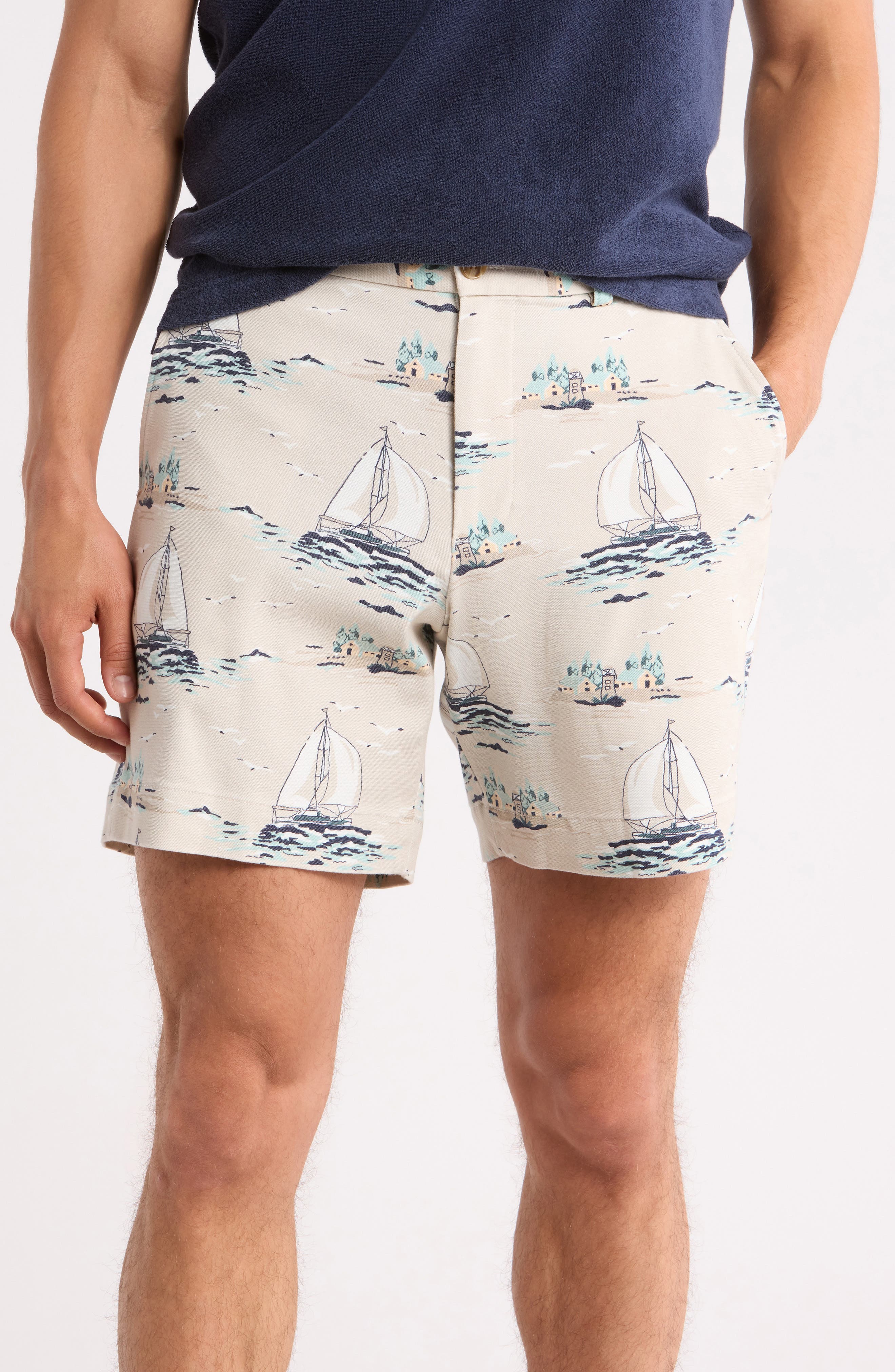 Brooks Brothers Sailboat Print Cotton Blend Chino Shorts