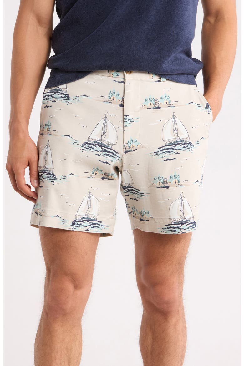 Sailboat Print Cotton Blend Chino Shorts, Main, color, TAN