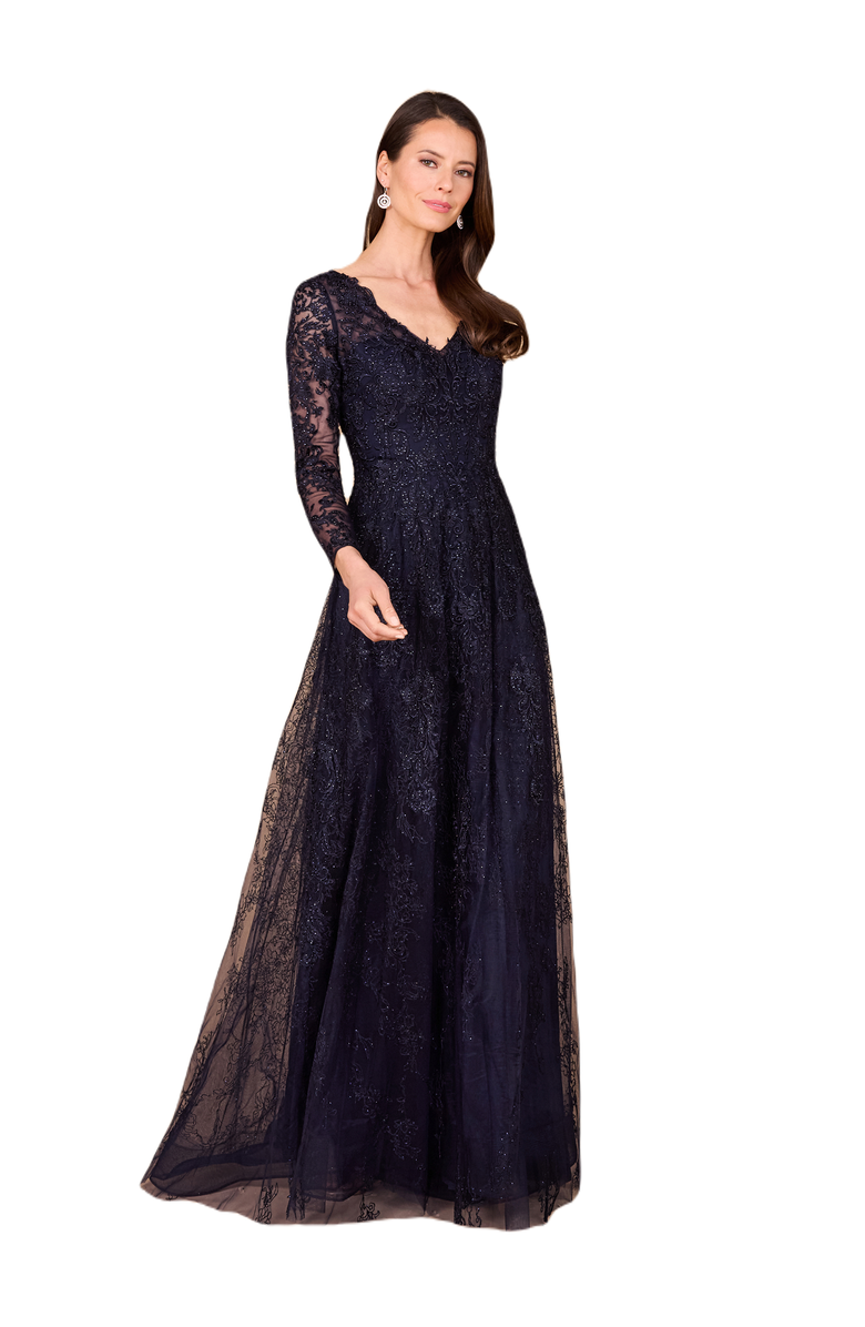 LARA New York Long Bell Sleeve V-Neck Beaded Gown, Main, color, Navy