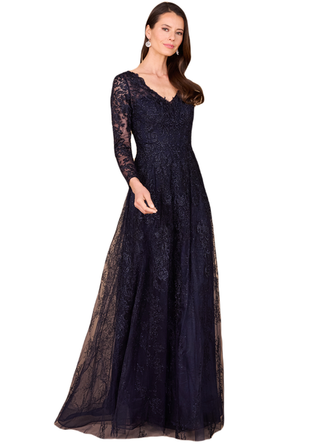 Long Bell Sleeve V-Neck Beaded Gown