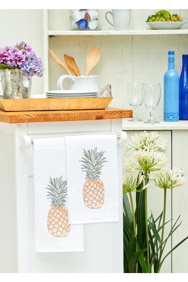 Tropical Pineapple Embroidered Waffle Weave Kitchen Dishtowel, Alternate, color, White